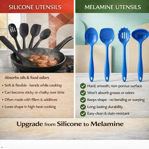 Vista 3 de Reston Lloyd Juego de utensilios de cocina 100% melamina, cucharón antiarañazos, cuchara, cuchara ranurada y espátula, fácil de sostener, juego