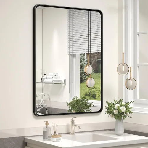Vista 58 de OKPAL Espejo de Baño con Marco de Metal Negro de 40 x 36 Pulgadas para Pared, Espejo de Tocador de Baño Negro Mate, Espejo Rectangular Redondeado