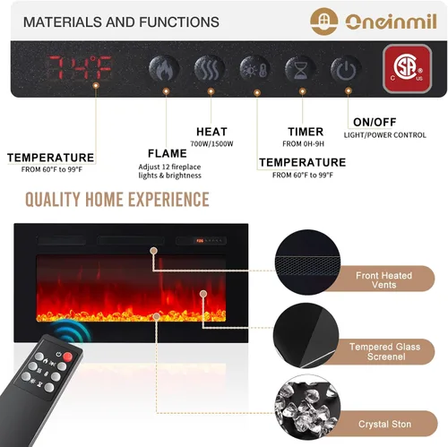 Vista 5 de oneinmil Soporte de TV para chimenea con chimenea eléctrica de 36", centro de entretenimiento con luz LED, gabinete de almacenamiento moderno