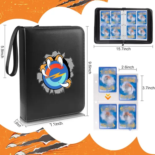 Vista 4 de Carpeta para tarjetas coleccionables de 4 bolsillos se adapta a 400 tarjetas con 50 fundas extraíbles álbum de carpeta de tarjetas con cremallera