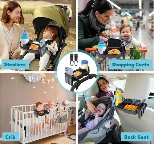 Vista 2 de Bandeja universal para refrigerios 3 en 1, estable y antideslizante, soporte flexible para teléfono con 2 ganchos, rotación de 360°, accesorios