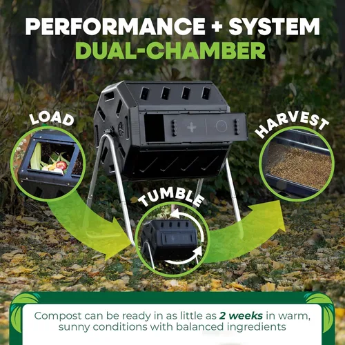 Vista 5 de FCMP Outdoor IM4000 Compostador giratorio de doble cámara para exteriores, fabricado en Canadá, 100% resina reciclada - Cubo giratorio de compostaje