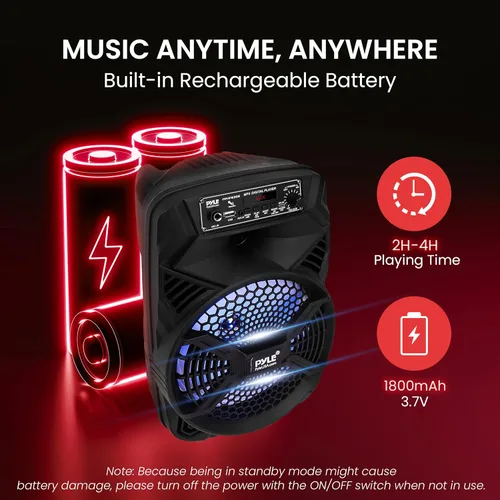 Vista 5 de Pyle Altavoz Bluetooth PA portátil de 8 pulgadas, potencia máxima de 300 W, batería recargable, luces LED intermitentes, radio MP3/USB/FM, entrada