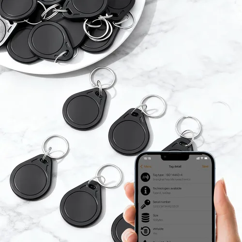 Vista 9 de Ntag215 NFC Fob, llavero NFC 215 regrabable negro programable NFC Tag 504 bytes memoria NFC tarjeta de visita compatible con teléfono móvil