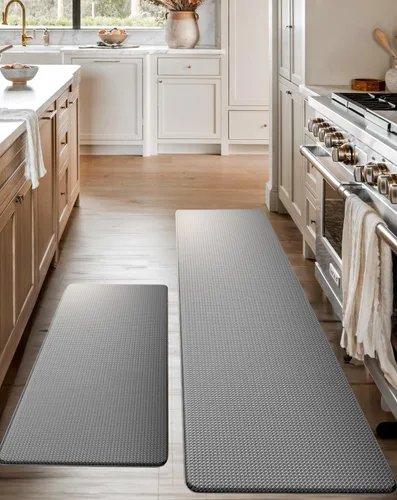 Juego de alfombrillas de cocina antifatiga 2 piezas de espuma viscoelástica acolchadas para estar de pie gris, 18 x 30 y 18 x 60, 0.4 pulgadas de