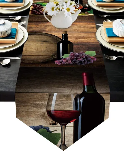 Vista 2 de Camino de mesa de arpillera, bufandas de copa de vino tinto, barril de madera, uva, camino de mesa de lino duradero para mesa, granja, decoración