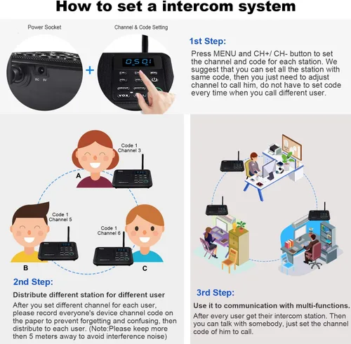 Vista 6 de Ampliable para Wuloo Intercomunicadores inalámbricos para el hogar WL888, rango de 1 milla 22 canales 100 código digital