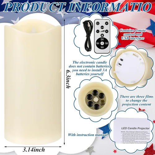 Vista 3 de Vela sin llama del 4 de julio, proyector patriótico, luz de 250 aniversario, decoración de 250 aniversario, vela LED, funciona con pilas, luz