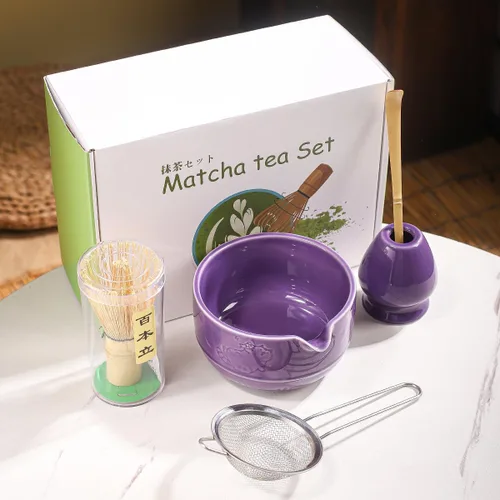 Vista 7 de Juego de té matcha tradicional con batidor de bambú, cuenco y soporte de cerámica morado, estilo japonés de 3 piezas (púrpura)