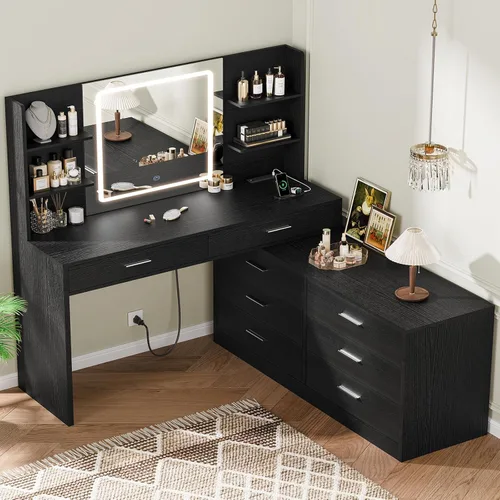 Vista 2 de Quimoo Escritorio de tocador con espejo iluminado LED y toma de corriente, moderna mesa de tocador de maquillaje de esquina con 8 cajones y estantes