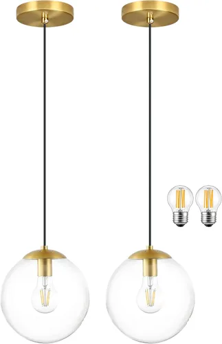 KoKo&Yukina Luces colgantes modernas de globo de vidrio dorado de 6 pulgadas, paquete de 2 lámparas colgantes de vidrio transparente de mediados de