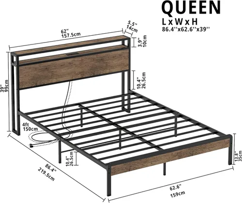 Vista 2 de IRONCK Base de cama, cama de plataforma con cabecera de almacenamiento de 2 niveles y tomas de corriente, estación de carga de puertos USB