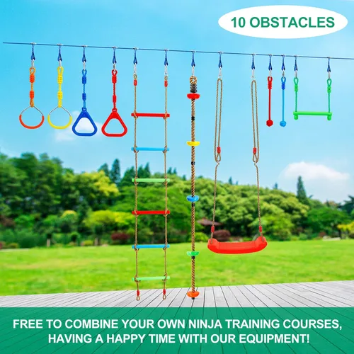 Vista 3 de Ninja Warrior Kit de carrera de obstáculos para niños Ninja Slackline con 10 accesorios, barras de mono, escalera, cuerda de escalada, anillos