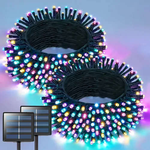 Vista 34 de JMEXSUSS Paquete de 2 tiras de luces solares para exteriores, 100 LED de 42.7 pies de luces solares blancas para exteriores, impermeables, 8 modos