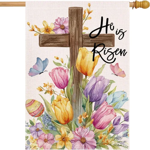 Vista 13 de Bandera de jardín de Pascua con texto en inglés «He is Risen» para exteriores, de doble cara, de doble cara, decoración religiosa cristiana
