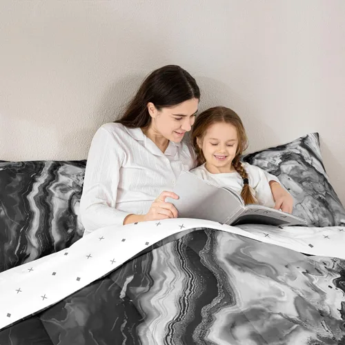 Vista 2 de Manfei Modern Marble Comforter Set Twin Size, Black Grey Marbling Bedding Set 2pcs, Abstract Stone Texture Down Comforter for All Season, Kids Boys