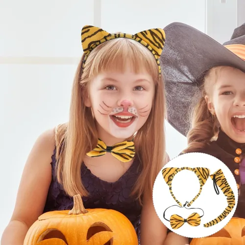 Vista 3 de FRCOLOR Conjunto de disfraz de tigre, diadema y cola de orejas de tigre, diadema de orejas de animal, accesorios de disfraz de Halloween, kit