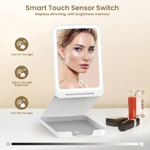 Vista 3 de Espejo de maquillaje de viaje con luces, espejo de tocador iluminado plegable 1X con aumento de 10X, recargable 1500mAh, pantalla táctil regulable