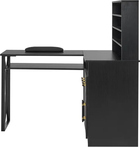 Vista 9 de BarberPub Escritorio de uñas en forma de L para almacenamiento, mesa de manicura versátil con cajones, escritorio de uñas con gabinetes, estación