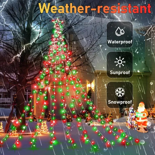 Vista 6 de Decoraciones de Navidad para exteriores, 16.4 pies, 344 luces LED para árbol de cascada con luces de cadena de estrellas, 8 modos de iluminación