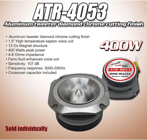 Vista 4 de Audiopipe 2 tweeters estéreo de audio para coche ATR-4053 400W 4-8 ohmios de aluminio cromado