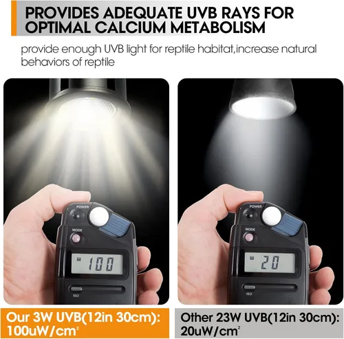 Vista 4 de Luz de reptil UVB 5.0 de alta calidad, espectro completo UVA UVB de 3 W, bombilla tropical para un metabolismo óptimo del calcio, ideal