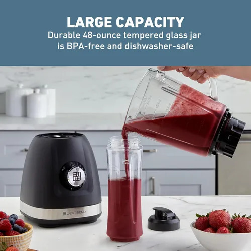 Vista 7 de Licuadora West Bend con jarra de mezcla de 48 onzas y taza de viaje de 20 onzas, diseño compacto con control de dial, 700 vatios, negro