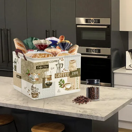 Vista 4 de Clastyle Cesta de almacenamiento grande con temática de café, taza de granos de café, aperitivos, cocina, cesta rectangular marrón para ropa, libro