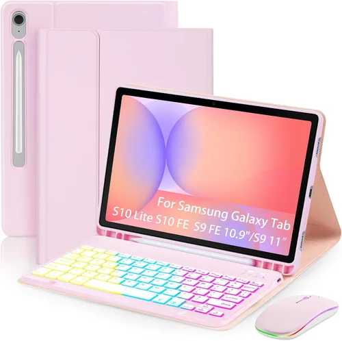Vista 10 de EAMPANG Funda con teclado y mouse para Samsung Galaxy Tab S10 Lite/S10 FE 5G/S9 FE 10.9 pulgadas/S9 11 pulgadas, 7 colores arcoíris retroiluminado
