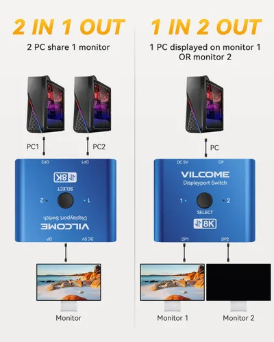 Vista 2 de Vilcome Conmutador DisplayPort 8K Splitter, Plug & Play, conmutación de un botón, caja de conmutación de puerto de pantalla bidireccional 2 en 1