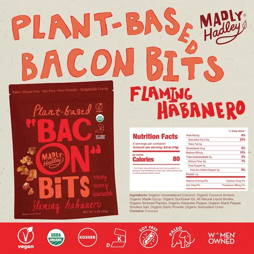 Vista 2 de Madly Hadley Bocadillos de tocino a base de plantas, 2 paquetes de 6 onzas Bocadillo de tocino vegano de coco orgánico Cobertura para ensaladas