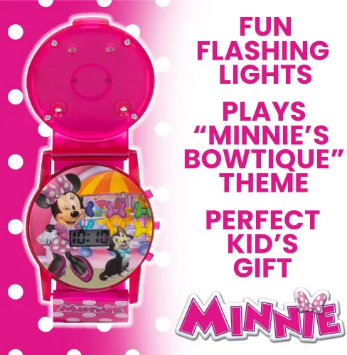 Vista 2 de Disney Minnie Mouse - Reloj musical intermitente para niños con efectos de sonido, luces LED coloridas, cubierta abatible interactiva, pantalla