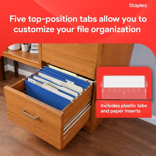 Vista 5 de Staples Carpetas colgantes para archivos, tamaño carta, azul, 5 pestañas, pestañas de corte 1/5, incluye pestañas e insertos - Paquete de 25