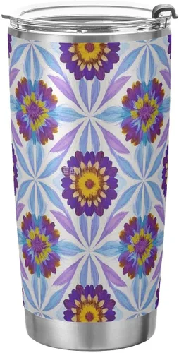 trendy vintage floral colorful lavender Stainless Steel thermal cups with Straw Leak Resistant Flip travel mug spill proof for outdoor modern travel