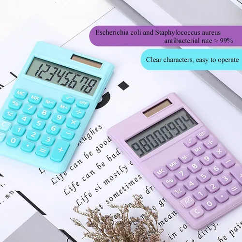 Vista 17 de Pequeña calculadora básica linda para niños, calculadora azul claro tamaño mini bolsillo