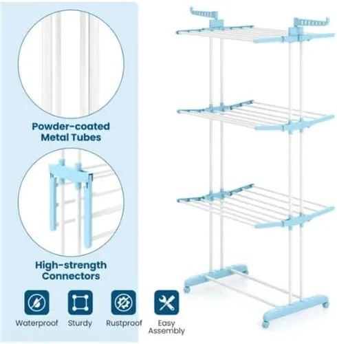 Vista 6 de Blue 4-Tier Foldable Clothes Drying Rack with Wheels, Heavy Duty Metal Laundry Hanger Stand for Indoor Outdoor Use