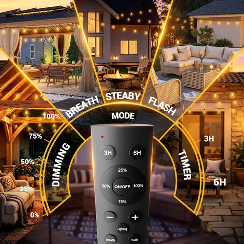 Vista 2 de Guirnalda de luces para exteriores de 200 pies con control remoto, luces de patio impermeables con 72+2 bombillas LED inastillables, decoración