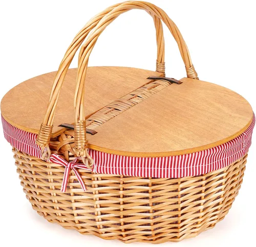 Vista 10 de Cesta de picnic de mimbre con forro, cesta de picnic de madera con tapa dividida, canasta de picnic de estilo vintage con asa tejida plegable