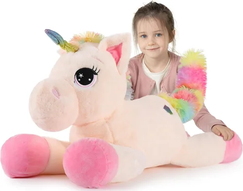 Tezituor Juguetes de unicornio de peluche de 32 pulgadas, animales de unicornio gigante beige de peluche, encantadoras decoraciones de peluche para