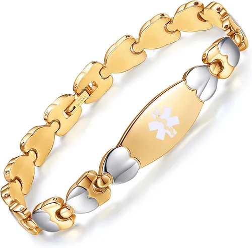 Vista 5 de Pulseras de alerta médica de moda encantadora con grabado gratuito Pulsera médica de identificación médica de doble corazón para mujeres