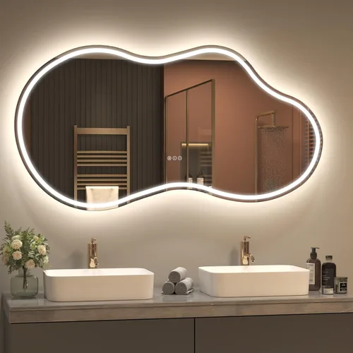 Vista 15 de SMIROR Espejo de baño retroiluminado irregular con luces de 20 x 36, espejo asimétrico de nube LED iluminado para pared, antiniebla, regulable