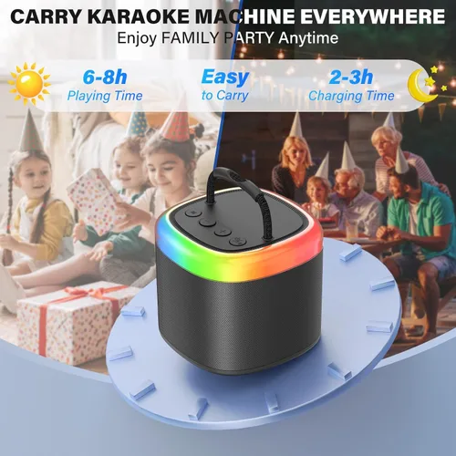 Vista 5 de JYX Mini Máquina de Karaoke para Niños - Gabinete de Altavoces Bluetooth Negro Sin Alimentación con Luces de Fiesta y 1 Micrófono Inalámbrico, Ideal