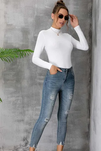 Vista 5 de MANGDIUP Camiseta básica de manga larga con cuello alto falso para mujer, sin mangas, ajustada