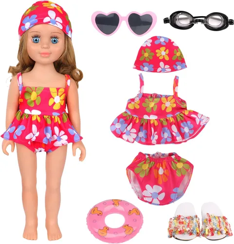 Vista 9 de MSYO Conjunto de traje de baño de muñeca para muñeca de 18 pulgadas, 7 accesorios de natación para muñecas, juego de traje de baño, juego de agua