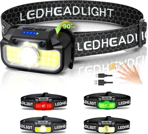 Linterna frontal recargable, 1300 lúmenes, ligera, brillante, con linterna frontal blanca, verde, roja, impermeable, con sensor de movimiento, 14