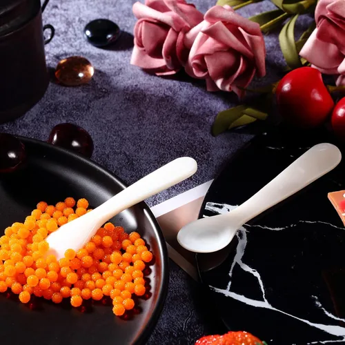 Vista 6 de Patelai Juego de 2 cucharas de caviar con mango redondo artesanal para caviar, huevo, helado, café, cocina, restaurante para servir caviares
