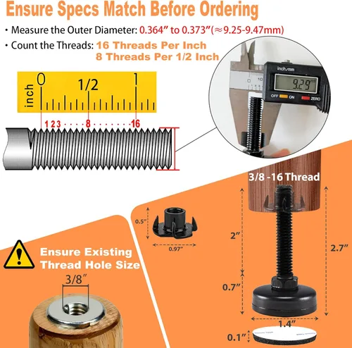 Vista 2 de Pies niveladores de muebles ajustables y resistentes para armarios, sofás, mesas, sillas, elevadores, soporte de 1320 libras, kit de tuercas en T