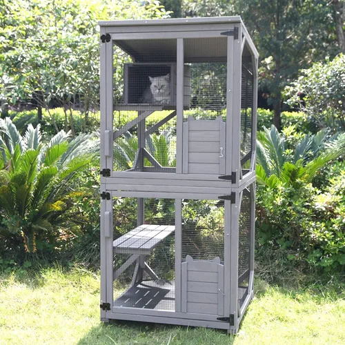 Vista 9 de Cat House - Catio al aire libre para catis móvil con ruedas, jaula grande para gatos con cubierta impermeable, casa de descanso, 62.8 pulgadas