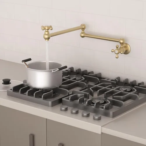 Vista 3 de Grifo de llenado de olla de latón para montaje en pared, estufa comercial, grifo plegable de cocina con brazos oscilantes de doble junta