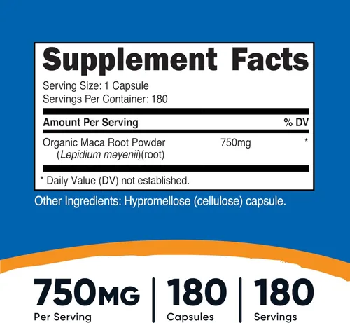 Vista 2 de Nutricost Cápsulas de raíz de maca (Lepidium meyenii) 750 mg, 180 cápsulas, 180 porciones